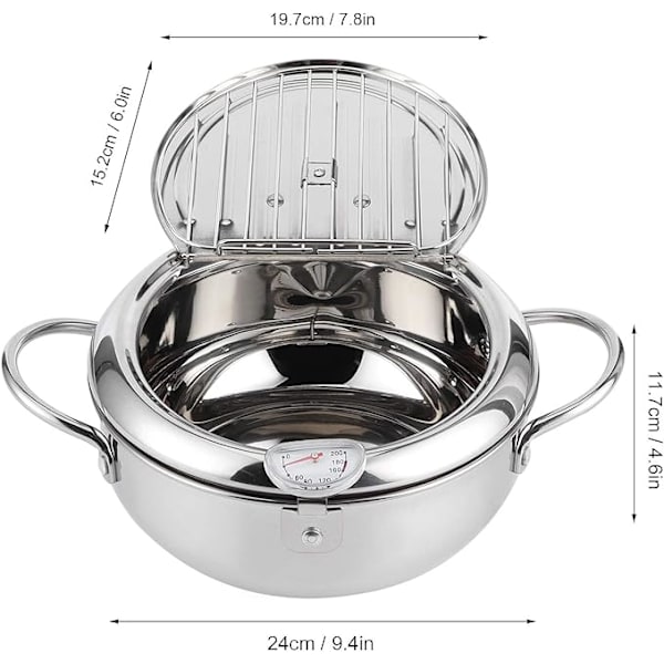 Friteuse Panne Japansk Tempura Liten Frityrkoker Stekepanne med Termometerlokk og Oljeavløpsstativ for Pommes Frites (Stor størrelse 24cm)