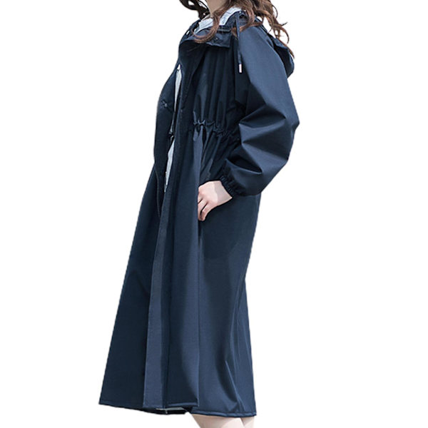 Lång regnrock för damer, lätt, vattentät, återanvändbar, med huva, för utomhusbruk Navy Blue XL