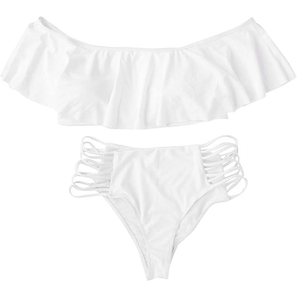 Naisten röyhelöinen olkapäät paljastava seksikäs uimapuku, kaksiosainen bikini White XL