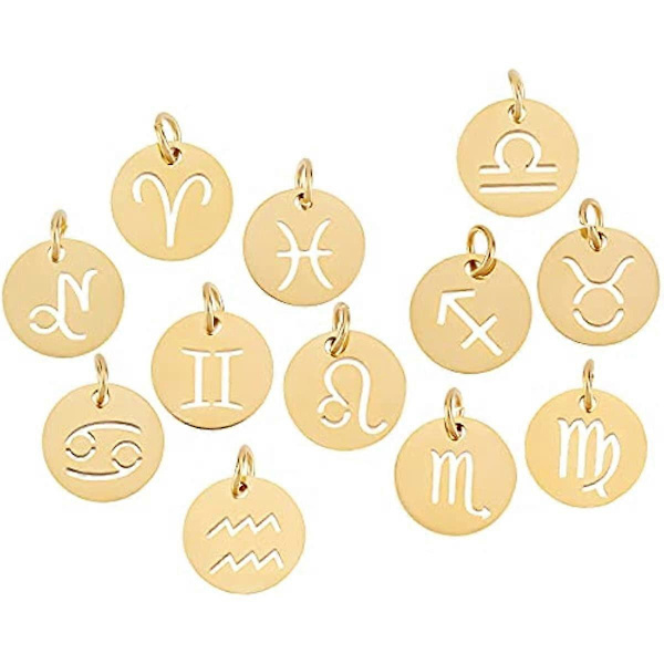 [STØRRELSE]: Runde stjernetegn charms ca. 12 mm i diameter, 1 mm tykke, hul: 3 mm, 12 stjernebilleder, 1 stk./stjernebillede, beholder ca. 7,4x7,2x1,7 cm.