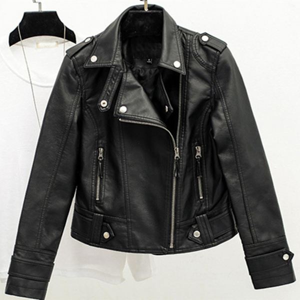 Dam Pu Casual Bikerjacka Faux Läder Tunn Punk Fashion Ytterkläder Svart XL