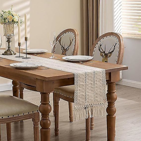 Boho bordslöpare för heminredning, lantlig rustik bordslöpare med tofsar Khaki 33x160m
