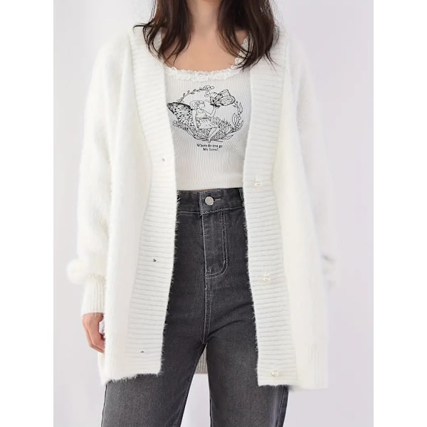 Solid V-halsad kofta, elegant långärmad kofta för höst och vinter, damkläder white 2XL