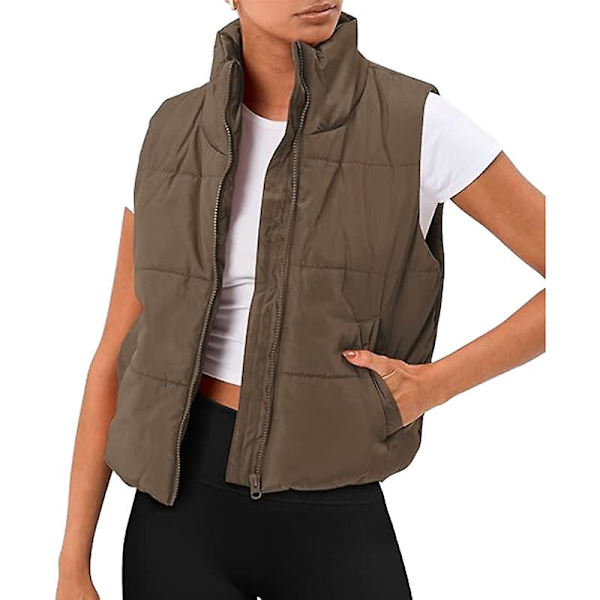 Puffer Vest Dame Ærmeløs Vinter Cropped Stand-up Krave Dunjakke Brown M