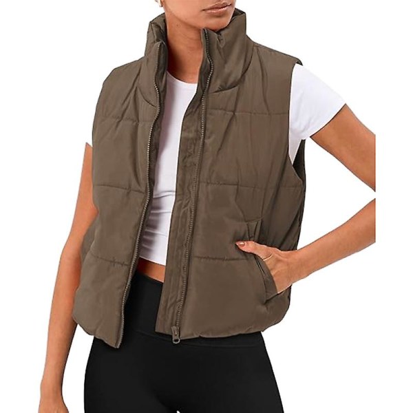 Puffer Vest Dame Ærmeløs Vinter Cropped Stand-up Krave Dunjakke Brown XL