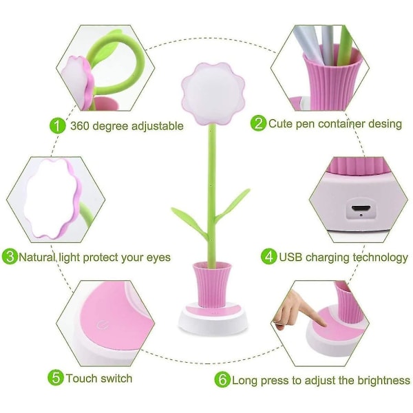 Børne Skrivebordslampe - Kreativ Genopladelig Skrivebordslampe LED Øjenbeskyttelse Touch Sensor Bordlampe Dæmpbar Sengelampe Med Penneholder (pink)