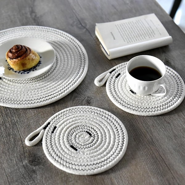 Punotut puuvillaköysi-tabletit, 4 kpl, 30 cm lämmönkestävät pyöreät tabletit ripustusrenkaalla, punotut pöytätabletit kotikeittiöön (4 kpl pakkaus, 30 cm)