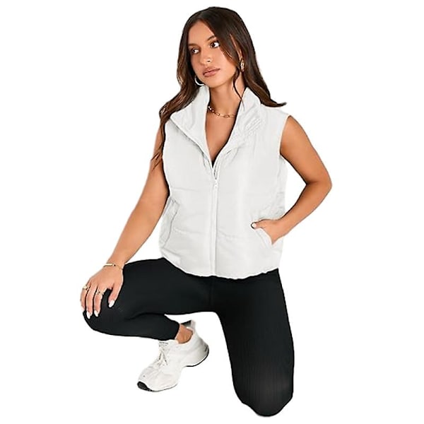 Puffer väst dam ärmlös vinter beskuren ståkrage dun ytterkläder White XL