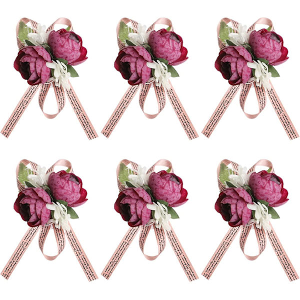 IFENG Sett med 6 Lilla Peon Blomst Bryllup Håndleddskorsasjer Håndlagde Håndleddsblomster Armbånd med Langt Bånd for Brud Brudepike Ballfest Dekor