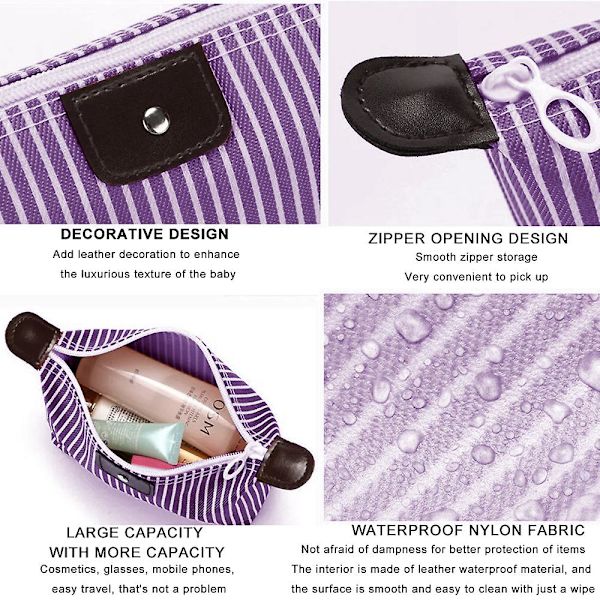 Nylon Vandtæt Opbevaringspose til Hudplejeprodukter Simpel Rejse Vaskestribe Jiaozi Kosmetiktaske purple