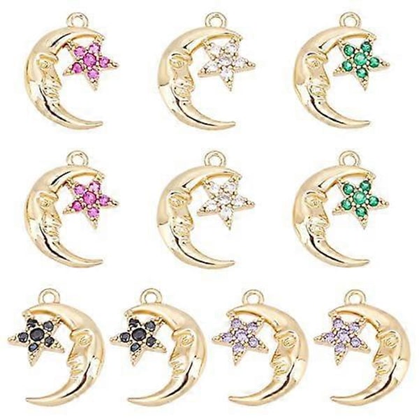 16 st 8-stilar Mässing Micro Pave Kubisk Zirkonia Berlocker Rhinestone Kristall Måne Stjärnberlocker Planet Stjärniga Berlocker Hängande Berlocker för Armband Halsband E