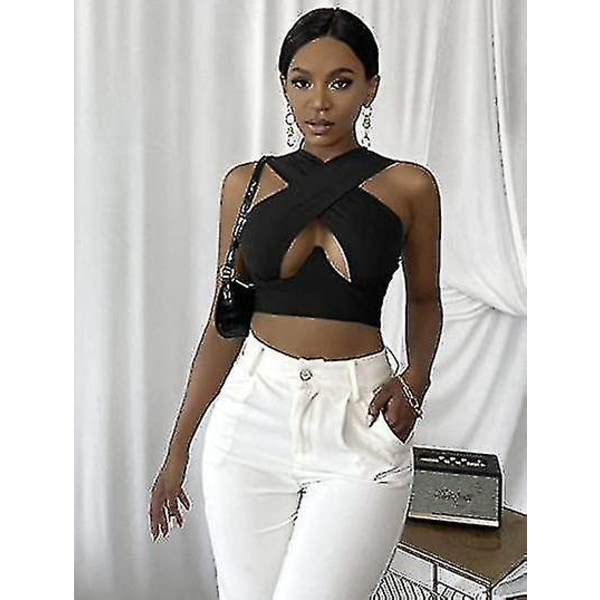Naisten ristikkäinen liivi halterneck-toppi kietoutuva crop-toppi yksivärinen Cami-toppi black XL