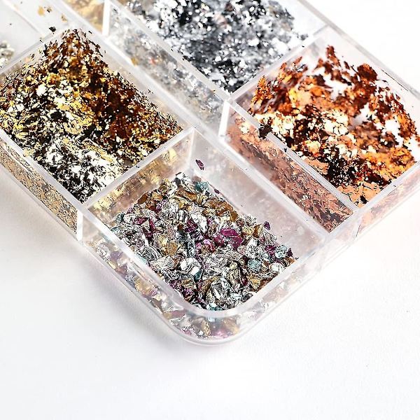 6 Rom Fargerike Neglekunst Folier Glitter Aluminium Flak Neglekunst Tilbehør Uregelmessig Gull Sølv Kobber Neglefolie For Gel Polish Neglepynt B
