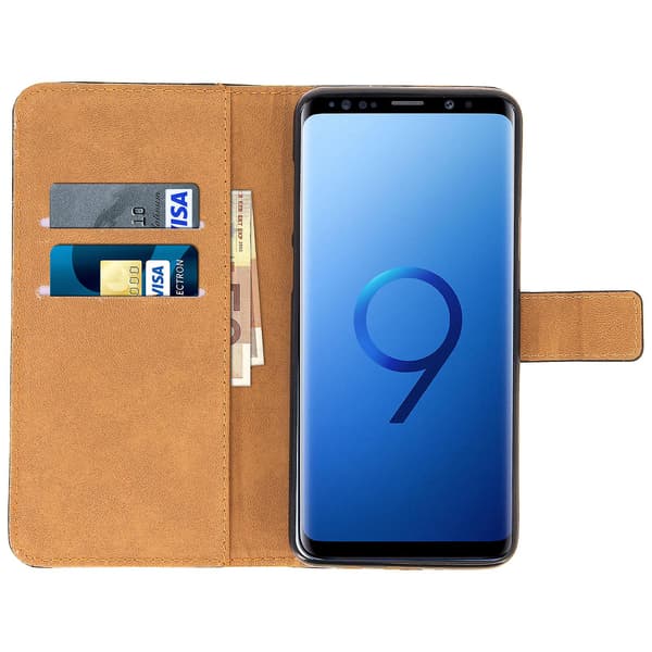 Læder Folio Etui til Galaxy S9 Plus, Video Stand Ægte Læder Sort