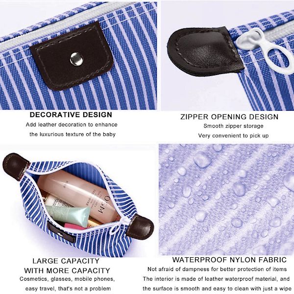 Nylon Vandtæt Opbevaringspose til Hudplejeprodukter Simpel Rejse Vaskestribe Jiaozi Kosmetiktaske blue