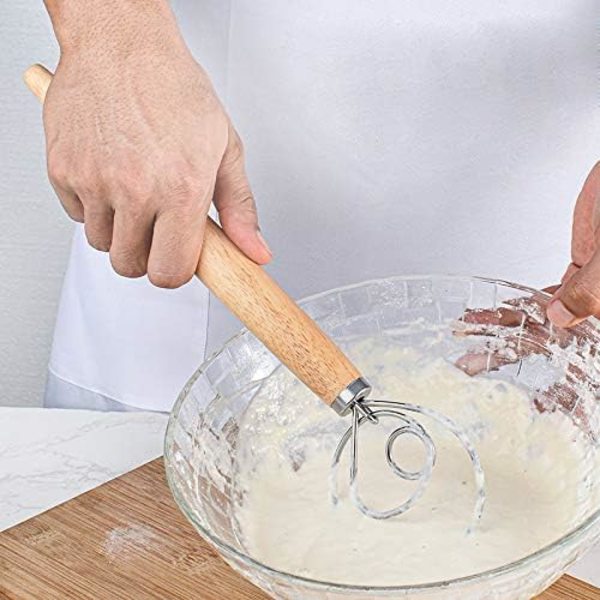 Tanskalainen taikinavispilä puukahvalla, korkealaatuinen sekoitustikku ja sekoitustikku leivonnaisille, pizzalle