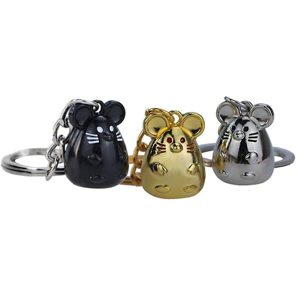 Sæt med 3 søde muse nøgleringholdere, kreativ metal tegneserie dyr nøglering taske charm vedhæng nøglering favor gaver til børn, (sølv, sort, guld)