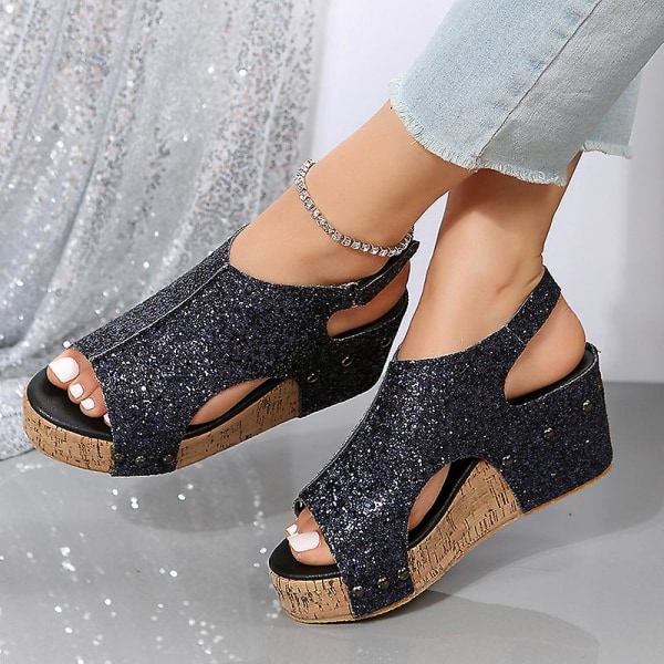Sandaler Damer Tyk Sål Retro Sandaler Damer Sequin Nitter Velcro Sandaler Black EU 36