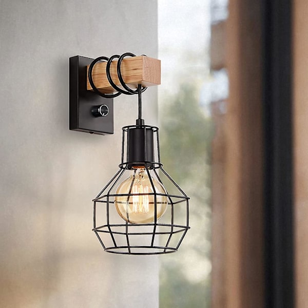 Industriell inomhusvägglampa, vintage dimbar burlampa med strömbrytare vägglampa, E27 metall och trärep (utan glödlampa)