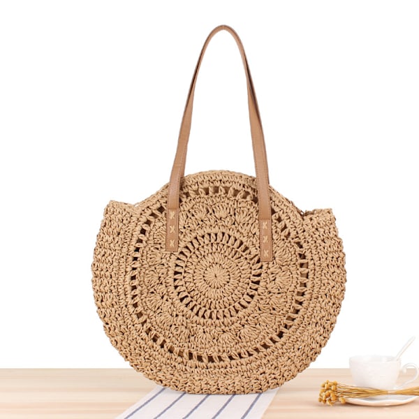 halmaxelväska för kvinnor, stora halmväskor vävd handgjord handtag tygväska sommar strand halmhandväskor bohemisk crossbody väska brun