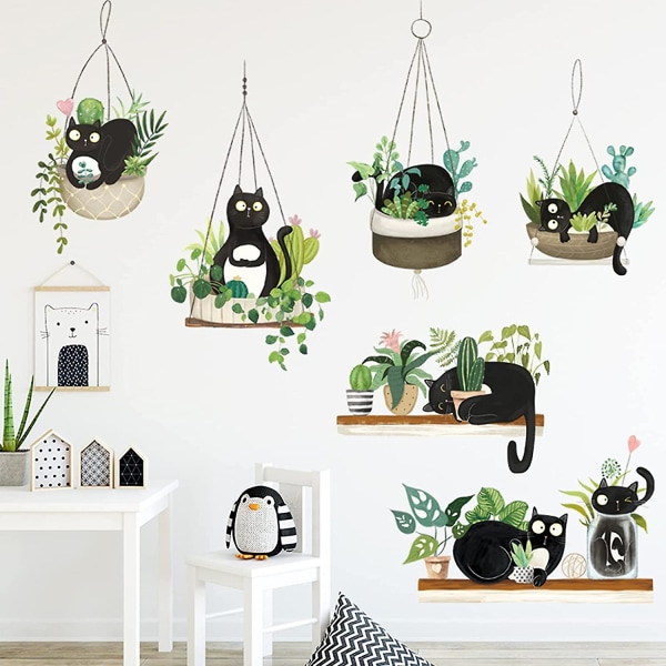 Gröna krukväxter Kaktus väggdekor Söt svart katt klistermärken, självhäftande väggdekaler tropiska växter väggmålningar