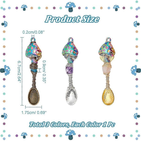 3 stk. 3 farver naturlige ædelstensvedhæng Svampe Ske Legering Charms Wire Wrapped Halskæde Skeer Charms til DIY Håndværk Smykkefremstilling Halskæde Armbånd