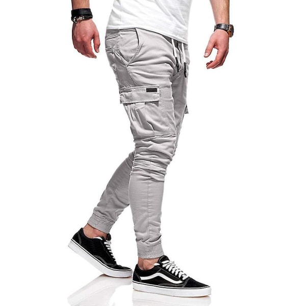 Cargobukser for menn med klafflommer, snor i livet og elastisk midje Light Grey M
