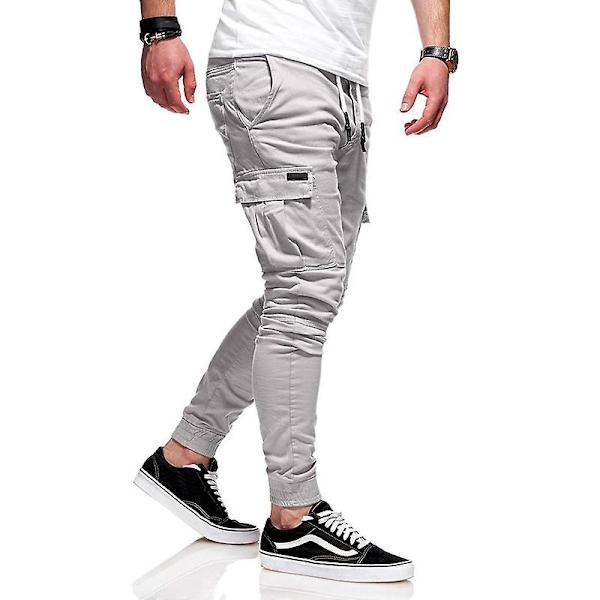 Mænds Cargobukser med Lommeflap, Snørelukning og Elastisk Talje Light Grey L