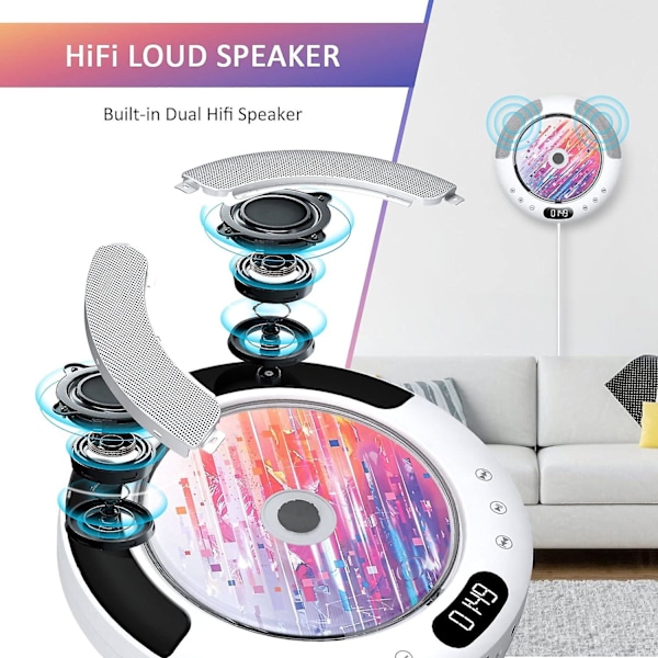CD-spiller Bluetooth med berøringsknapp Høyttaler CD-spiller for veggmontering Støtter fjernkontroll Display FM