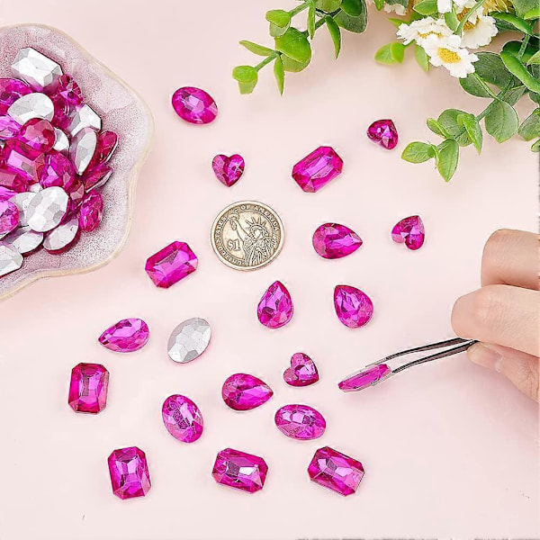 64 st 4 former spetsiga baksida strass 18 mm glas strass stenar fuchsia rektangel/tårformad/hjärta/oval smycken dekorationer med silverpläterad baksida