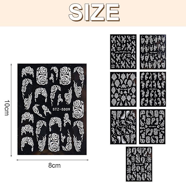 Negleklistremerker 5d Preget Neglekunst Tilbehør Selvklebende Neglekunstutstyr Dekorasjon, 8 Ark, 7,8*6cm