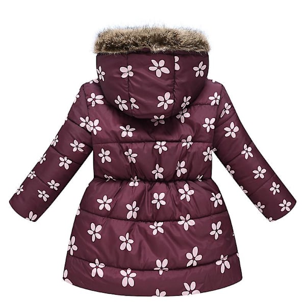 Flickans vinterkappa jacka med huva barn blomma tryck Parka ytterkläder Dark purple 130
