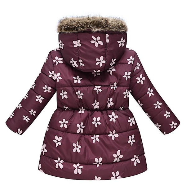 Flickans vinterkappa jacka med huva barn blomma tryck Parka ytterkläder Dark purple 150