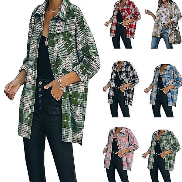Dame Skjortejakke med Krage og Lommer, Rutete, Lange Ermer 2XL Red