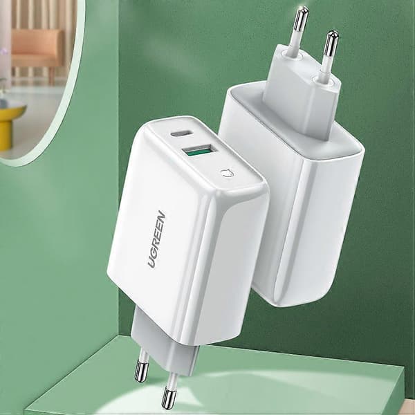Snabb USB-C + USB-lader 36 W Quick Charge 4.0 Power Delivery hvit