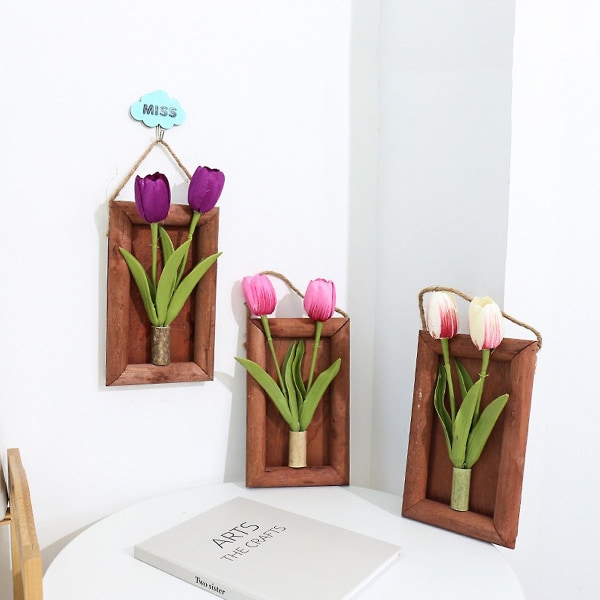 Kunstig Tulip Veggmontert Blomsterpotte Landskap Kunstig Plante Interiørdekorasjon Falsk Blomst White pink
