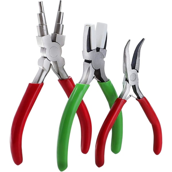 3-pack smyckestänger, praktiskt smyckeshalsband reparationskit, gör-det-själv-verktyg, vinklade tandlösa tänger, nylonplattång, lindningstänger (grön+röd+silver