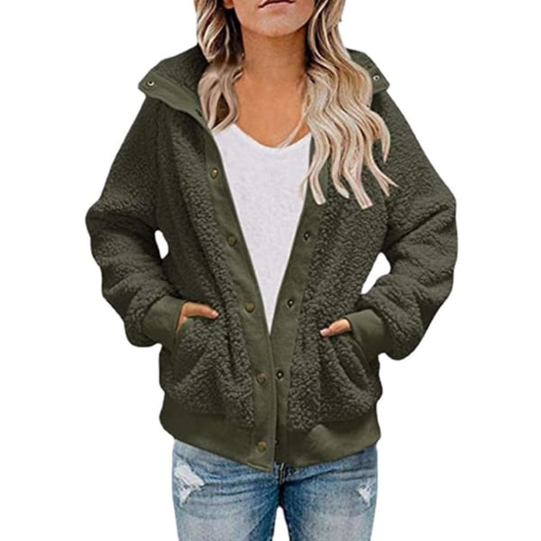 Kort Vinter Cardigan til Kvinder Langærmet Plys Frakke Med Dobbelte Lommer Ensfarvet XL Army Green