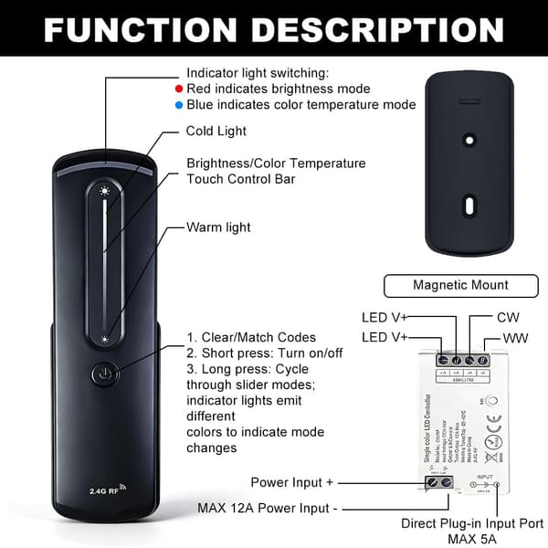 LED strip controller 2.4 GHz RF, 12 V/24 V dimmer up to 12 A/288 W, with touch remote control and wall mount, LED controller 24 V, LED remote control