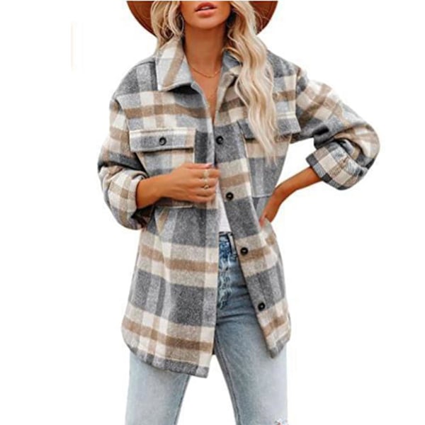 Flanelljakke for kvinner, løs modell, nedbrettskrage, rutemønster, enkelknepping, avslappet 2XL Khaki