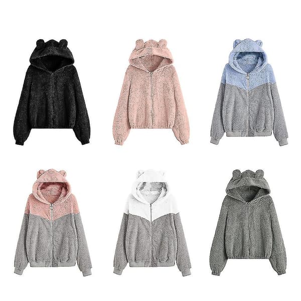 Dame Vinter Plys Sweatshirt Lynlås Foret Hættejakke Med Sød Bjørneøre Hætte M Solid Grey