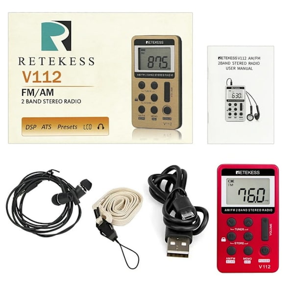 V112 Liten Mini Radio, Lommeradio med Hodetelefoner, FM AM, Batteri, Sleep Timer, for Jogging, for Seniorer