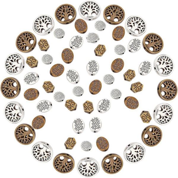 1 Ask 60 st 6 Stilar Livets Träd Distanspärlor Livets Träd Pärlor Blandade Lösa Distanspärlor Metall Smyckesfynd för att Göra Halsband Armband Hantverk