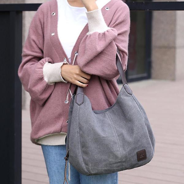 Dam Multi Pocket Axelväska, Canvas Handväska Handväska, Enstaka Axelväska, Artistisk Och Minimalistisk White*Grey