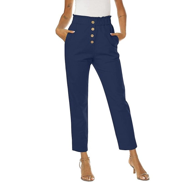 Dame Rynket Høy Midje Casual Bukser Elastiske Bukser Navy L