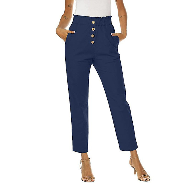 Kvinnor Volang Hög Midja Casual Byxor Elastisk Midja Byxor Navy M