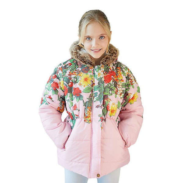 Flickans vinterkappa jacka med huva barn blomma tryck Parka ytterkläder White 110