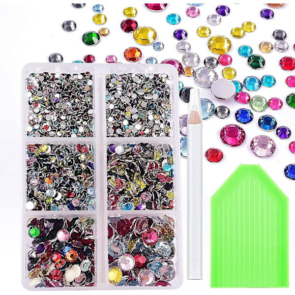 2000 stk. flade rhinsten i 5 blandede størrelser (2-6 mm) runde AB-rhinsten i resin med spids borekasse og opsamlingspen til neglekunst, øjenmakeup og gør-det-selv-håndværk