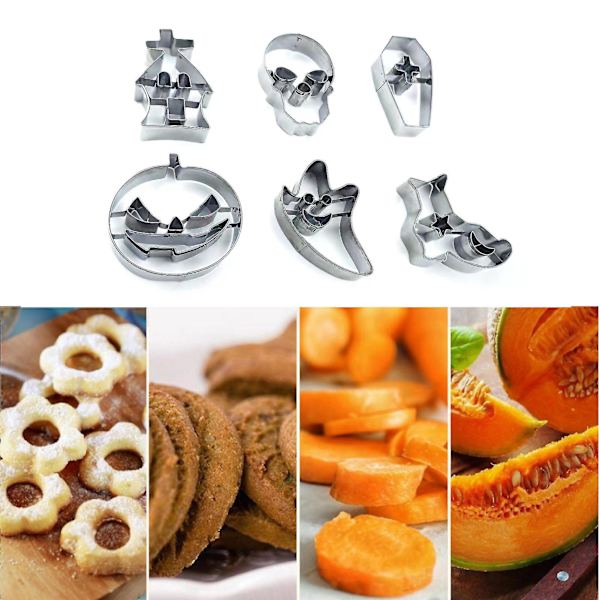 6 st/set Halloween kakform i rostfritt stål, enkel att lossa, tryck på DIY pumpa spöke skalle kexform, bakformssats, köksbakningsverktyg, mycket bra Silver