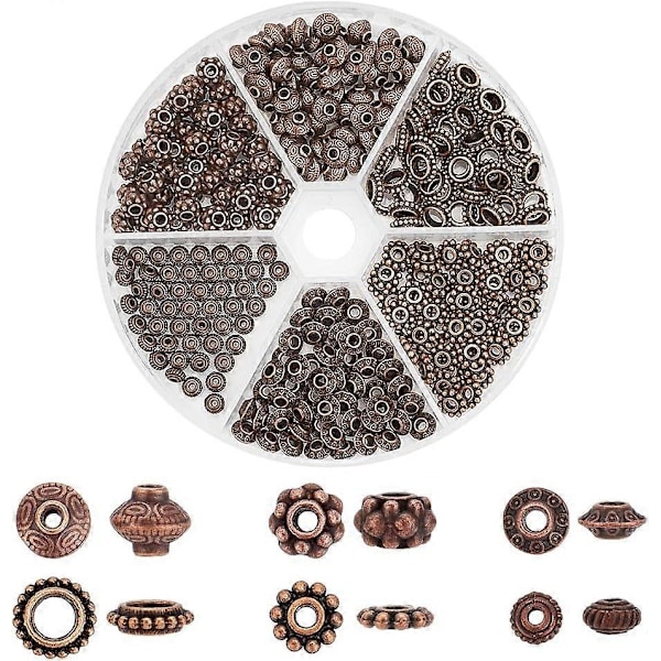 300 st Tibetanska Distanspärlor 6 Stilar Röd Koppar Distanspärlor Legeringspärla Bicone Donut Rondelle Distanshållare Smycken Lösa Pärlor Metallhantverkspärlor för Armband